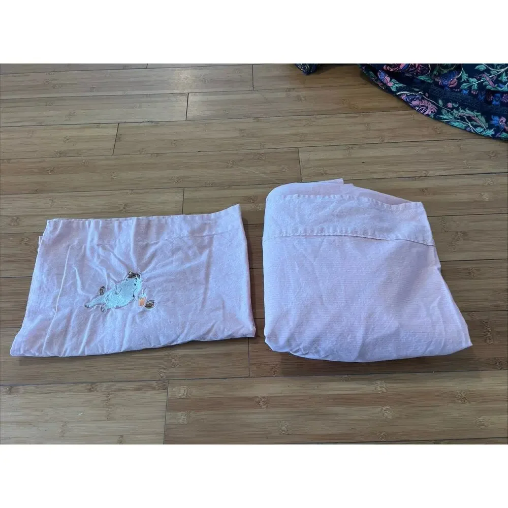 Pink Full Size Sheet Set white embroidered Cat With Drink And Burger 2PCs Cotton